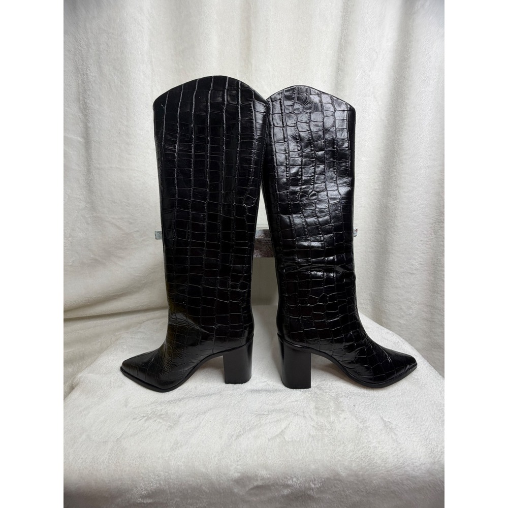 Schutz Maryana Block Boots Women 6 Black Croc Embossed Leather Knee High Pointed - Picture 3 of 9